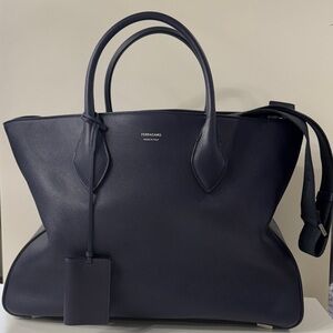 Salvatore Ferragamo Navy Leather Structured Work Bag - Like New